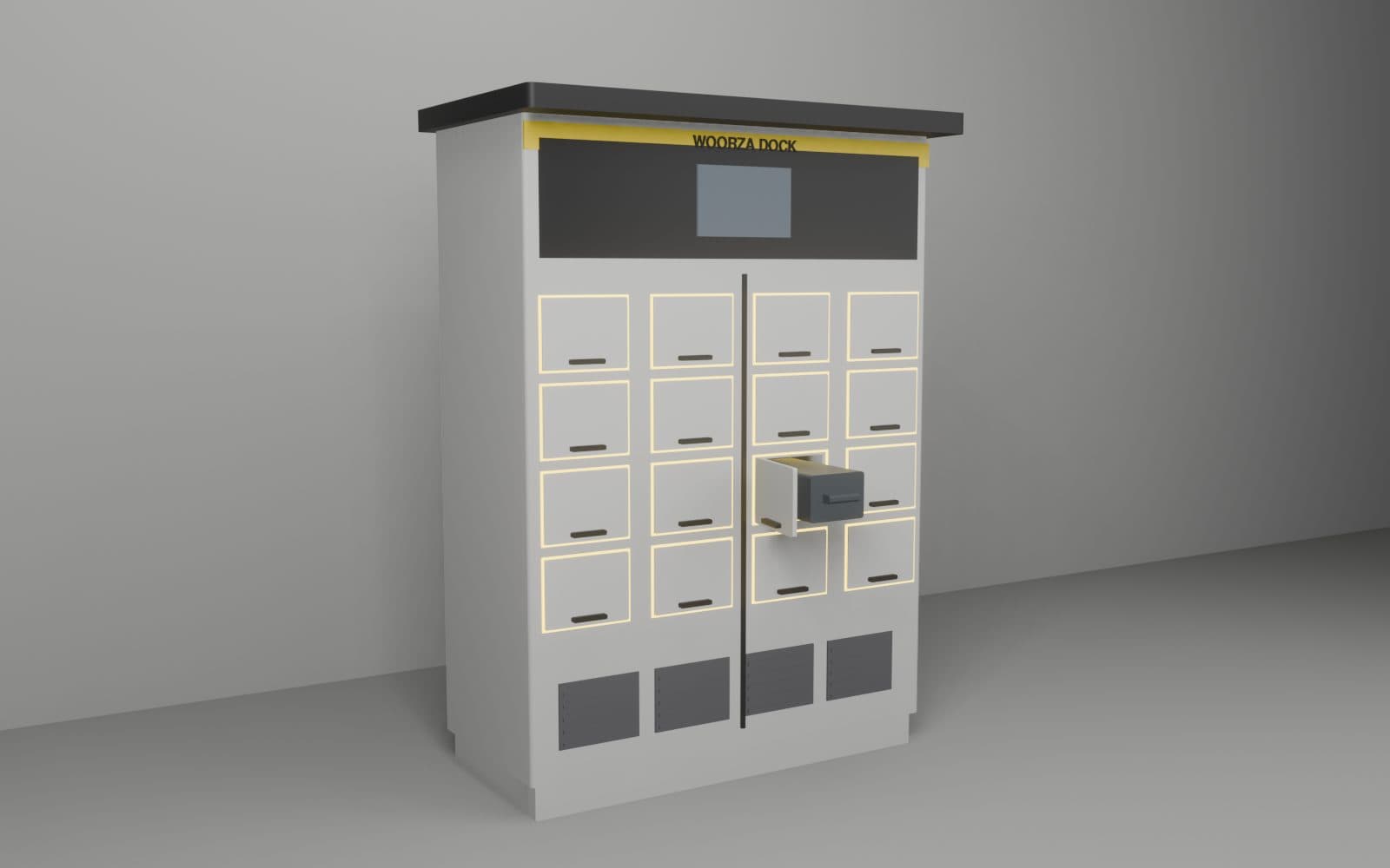 Woorza Dock battery swap station cabinet with sixteen slots, one open with a battery pack sliding in