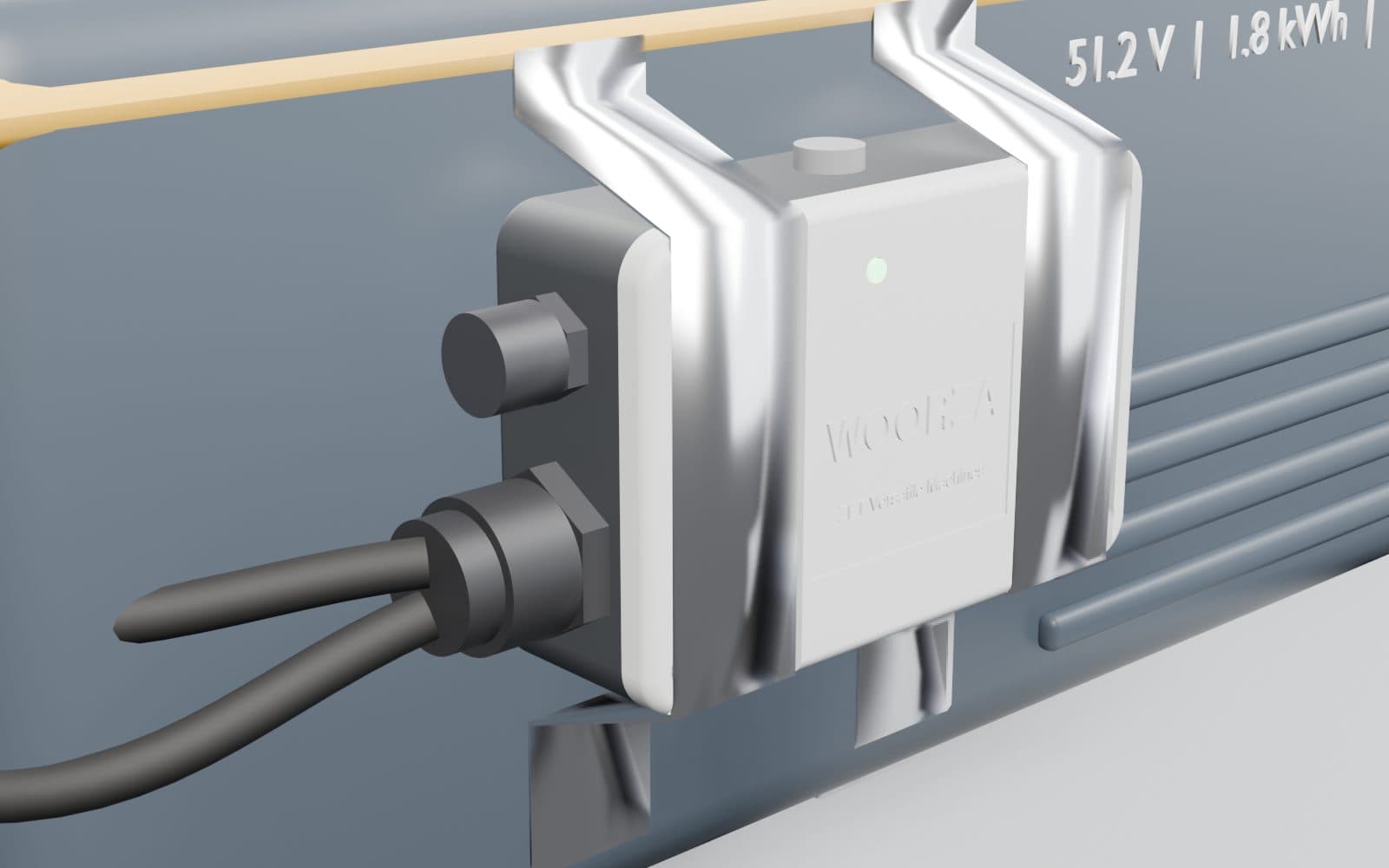 Close-up of Woorza Edge mounted on a battery pack, where on-device models estimate charge and health every second