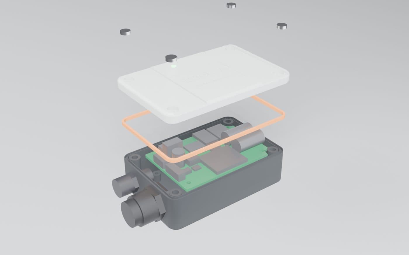 Exploded view of Woorza Edge showing the base, circuit board, gasket, lid and screws