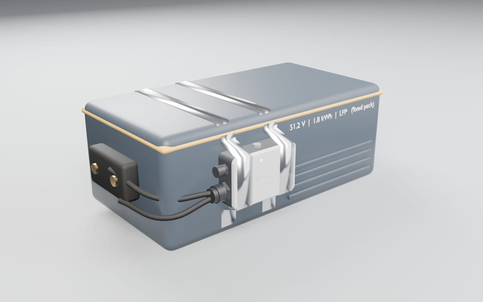 Woorza Edge device strapped to the side of a battery pack, with two cables entering through a sealed gland